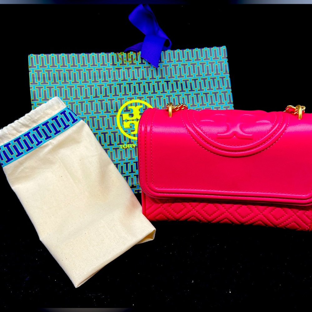 Tory Burch FLEMING logo leather chain shoulder bag pink